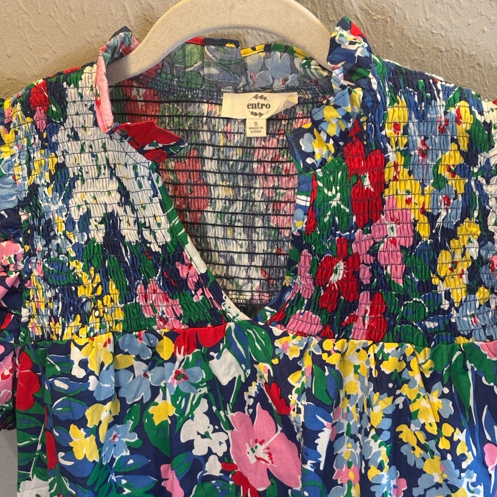 Entro Floral Babydoll Dainty Smocked Top Blouse Ruffle Sleeves Women’s Sz Small - Picture 2 of 7